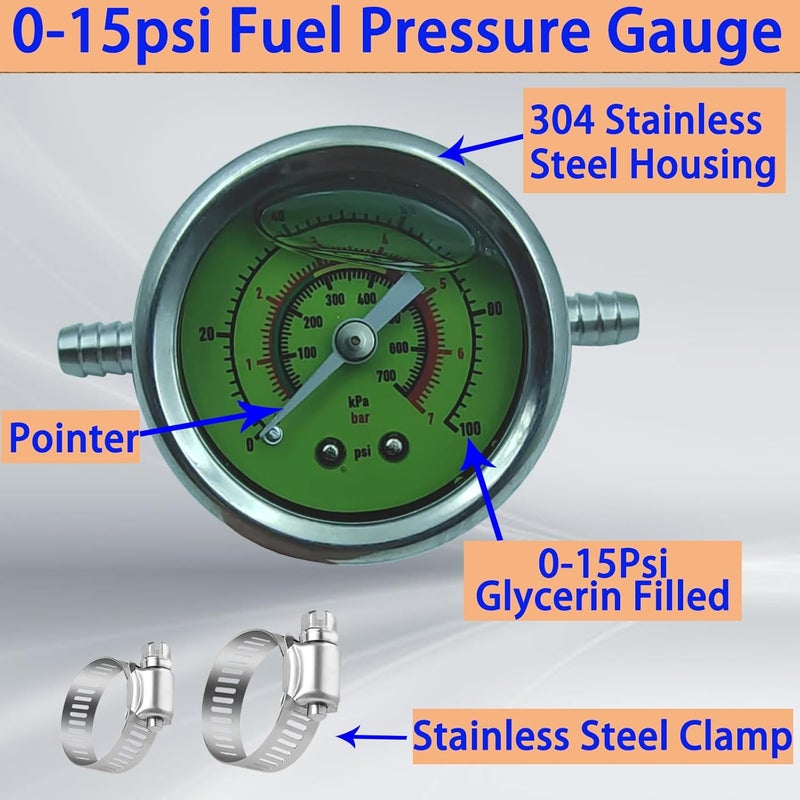 HFVSLFA Fuel Pressure Gauge Kit, 0-15psi Glycerin Filled Fuel Pressure Gauge Kit, 1-1/2" Dial Size Fuel Pressure Gauge for Car, 1/8'' NPT Inline Fuel Pressure Gauge with 3/8'' 5/16'' Barb, Back Mount - Image 3